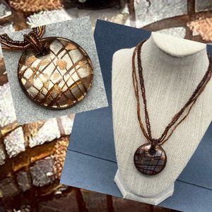 Glass Pendant Necklace Silver Copper Brown Round Seed Bead Multi Strand BoHo